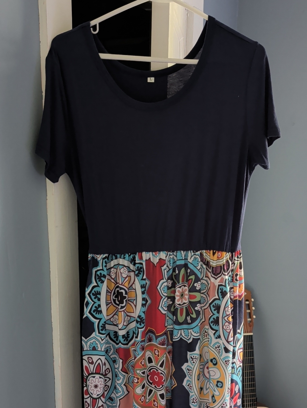 Women's Navy Scoop Neck Top with Multicolor Patterned Maxi Dress